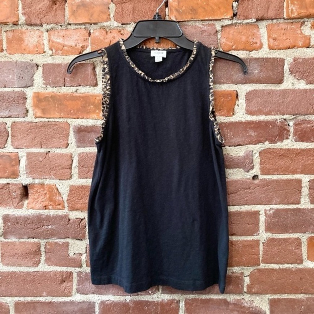 J. Crew Womens XS Black Leopard‎ Ruffle Trim Cotton Slub Tank Top Sleeveless